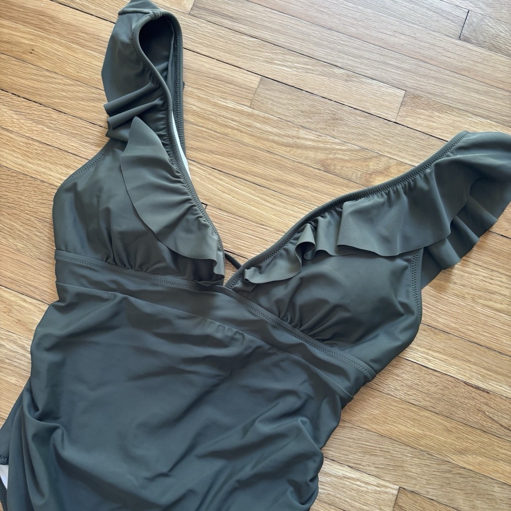 CupShe Vneck Swimsuit Womens XL Prep One Piece Swim Ruffles Classic Army Green